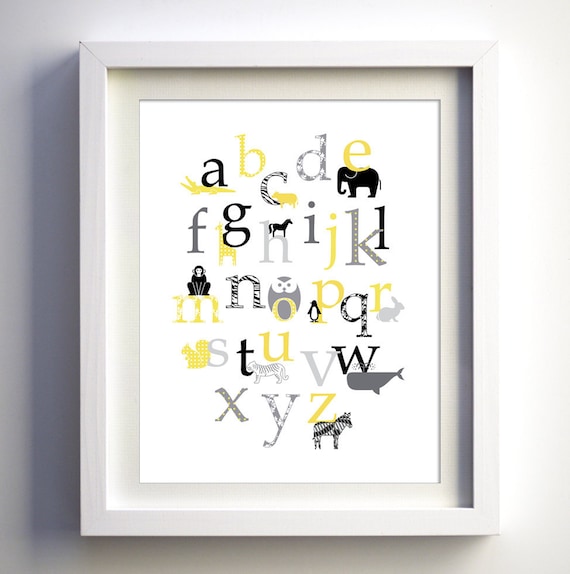 Baby nursery wall decor, Retro Animal Alphabet in gray yellow black colors and patterns, 8x10
