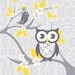 Baby shower gift unisex 2 PC Baby Nursery Prints for modern rooms Whimsical Owl and Tweet, 2 Tweets on damask Grey yellow boy girl unisex