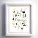 Baby nursery wall decor, Retro Animal Alphabet in gray yellow black Birthday Gift Baby shower gift elephant owl monkey whale bird, 11x14