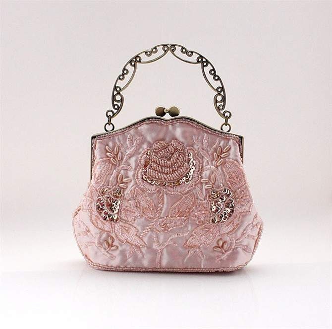 NEW -- Rose Pattern Silk Sparkle Beaded Wedding Purse Evening Clutch