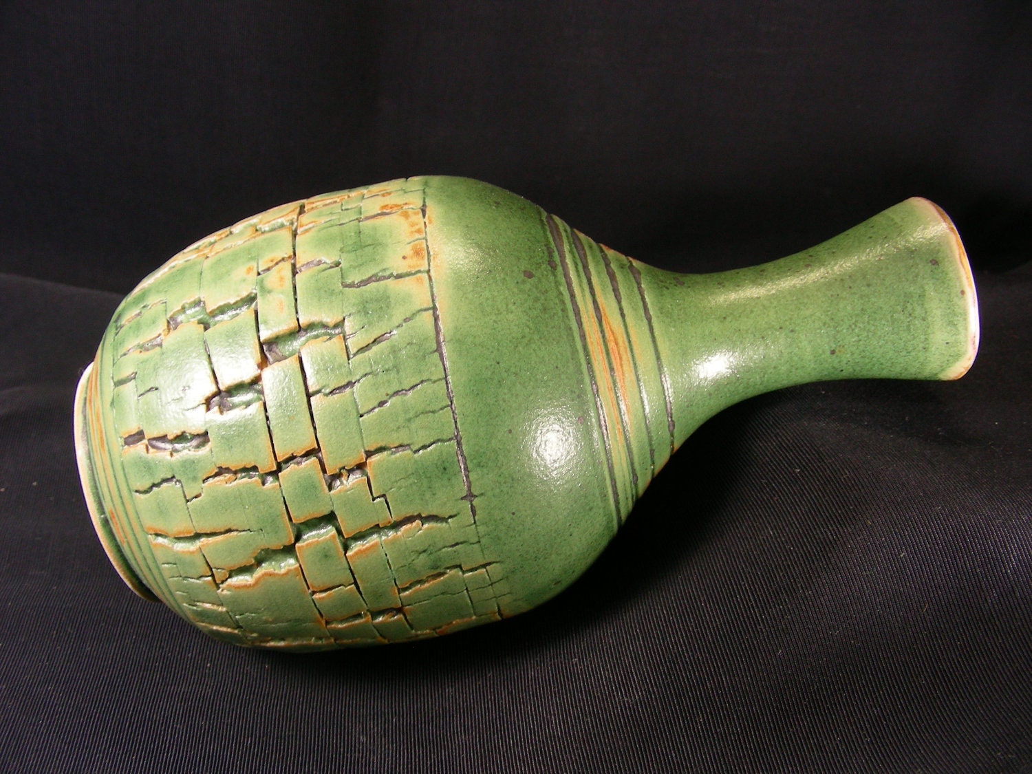 ChingWenArts Studio Pottery Handmade Stoneware Vase Pot, Patina Green and Brown , Signed, V5128