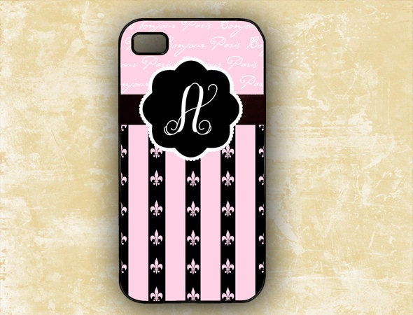Personalized iPhone 4s case - Paris chic black and pink fleur de lis monogram iPhone 4 cover silicone Iphone 5 case plastic Iphone 4 (9638)