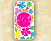 Cute iPhone cover - Cute girly pink Monogram Iphone 5 case, Iphone 4 case, 70s mod flower power - iPhone cover silicone or plastic (9669)