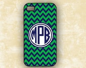 Preppy Iphone 4s cover - personalized navy blue green chevron - Monogrammed iPhone 4 case, iPhone 5 case, plastic or silicone (9693)