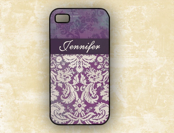 Iphone Floral iphone 4 case Personalized iPhone 4s case - Eggplant purple damask - Iphone 5 case, Iphone 4s, plastic silicone iphone (9698)
