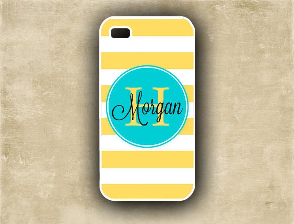 Personalized iPhone cover - Summer yellow stripes Tiffany blue Iphone 5  - monogram Iphone 4s cover plastic silicone iphone 4 case (9809)