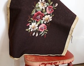 Vintage Brown Wool Floral Embroidered Textile Tapestry pink white green flowers home decor