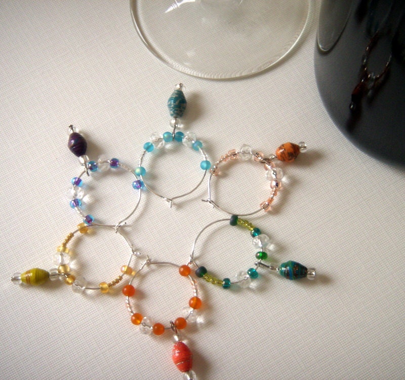 SALE    Wine Charms With Colorful Handmade Paper Beads Set of 6