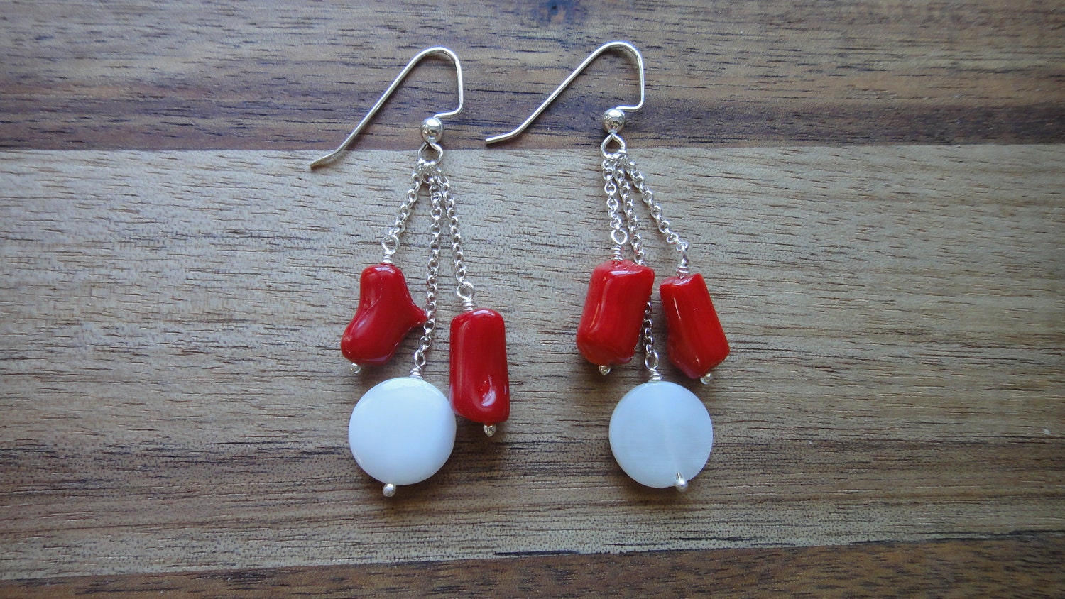 3 silver chain dangle earring handmade Red coral white shell natural bright summer beach