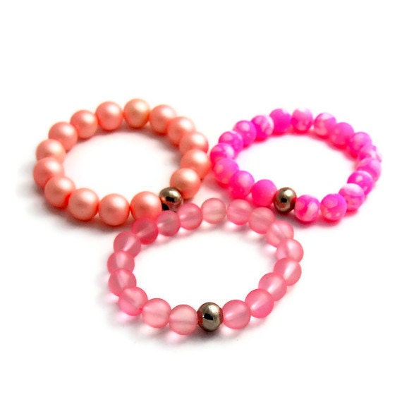 Pink Grapefruit Margarita Stretch Bracelets with Steel Accent Beads