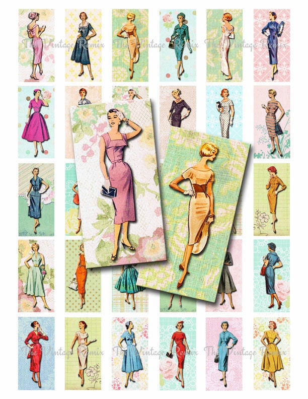 INSTANT DOWNLOAD, Digital Collage Sheet, 1 x 2 inch Domino Size, Retro Vintage Fashion Illustrations