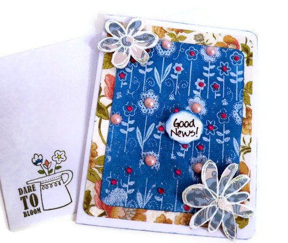 Handmade Greeting Card - Christian Greeting Card 3D - Hand Stamped - Blue Floral Art Pink Gemstones