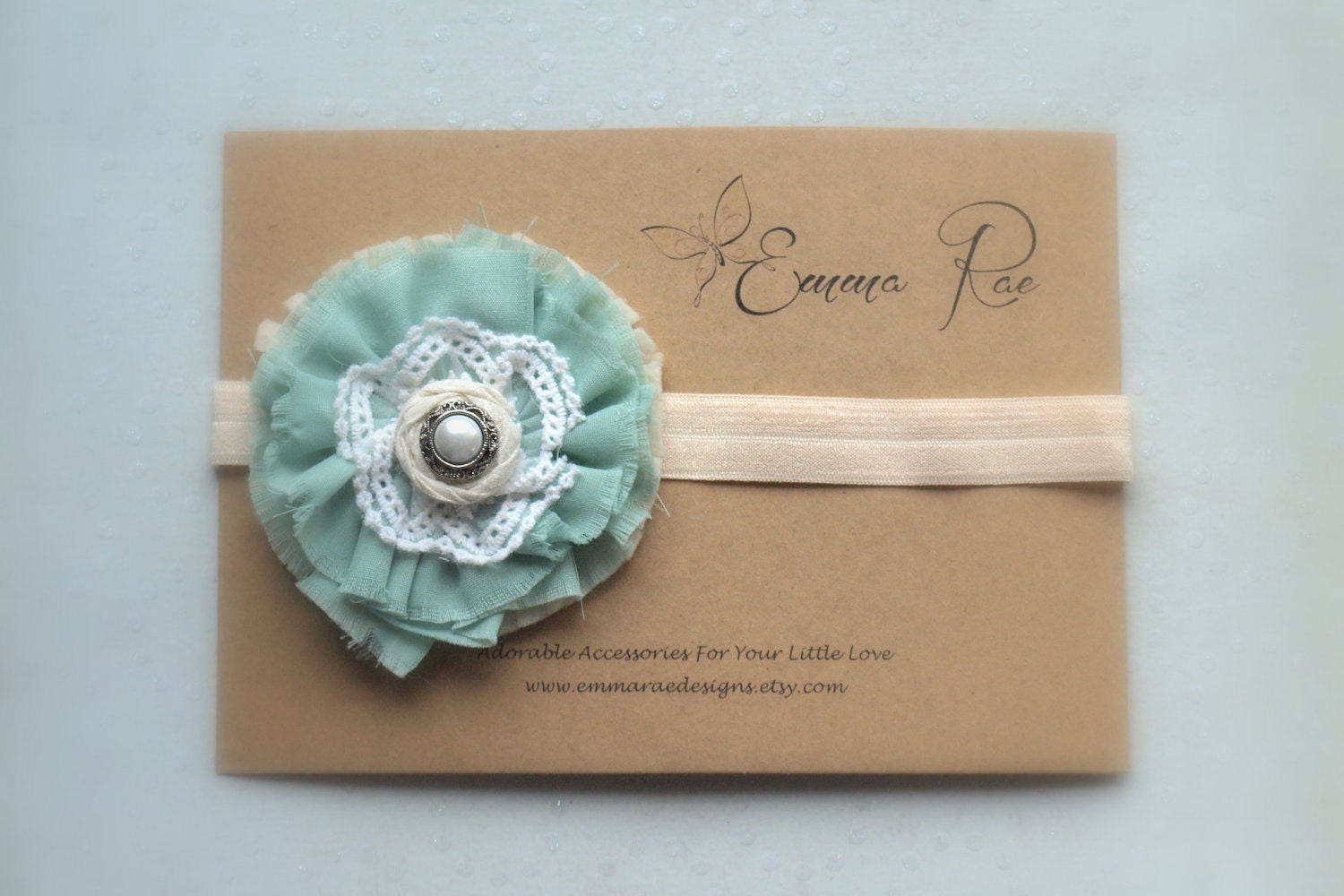 Baby Headband, Flower Headband, Baby Girl Headband, Sea Foam Green and Ivory Shabby Chic Headband