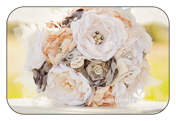 Fabric Bridal Bouquet-Custom. Cream, ivory, champagne, grey, peach and nude. Vintage brooches, pearls and Rhinestones