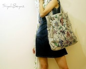 Ecru  Large Faux Leather Tote Bag - Shopper Bag - Hand painted Purse BUTTERFLY