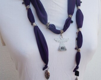 Purple silk scarf necklace