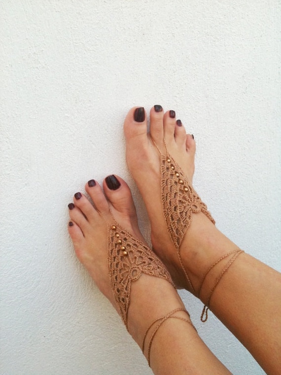 Brown Barefoot Sandals, Nude shoes, Foot jewelry, Wedding, Victorian Lace, Sexy, Lolita, Yoga, Anklet