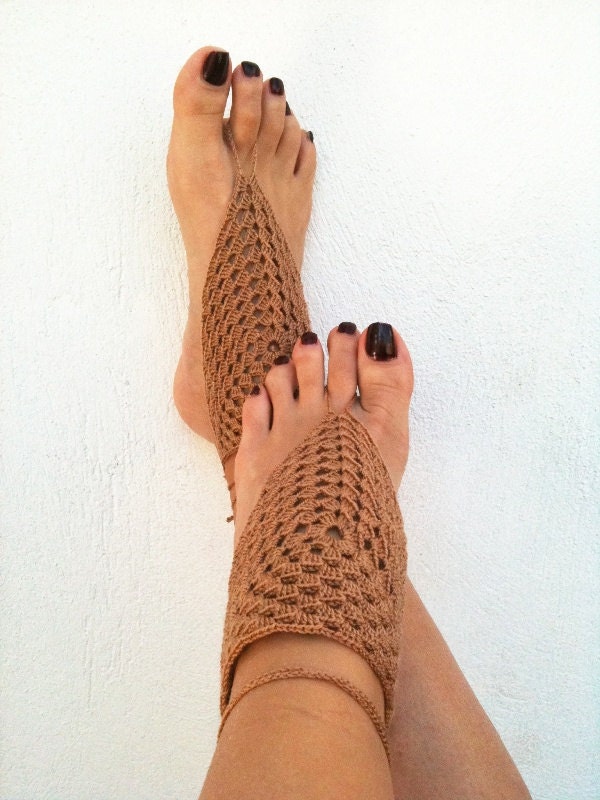 Brown  Barefoot Sandals, Nude shoes, Foot jewelry, Wedding, Victorian Lace, Sexy, Lolita, Yoga, Anklet