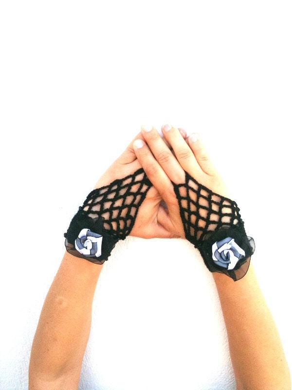 Gothic Black Hand-crochet Bracelet with organza ribbon ,boho, lolita,wristband,wriststrap