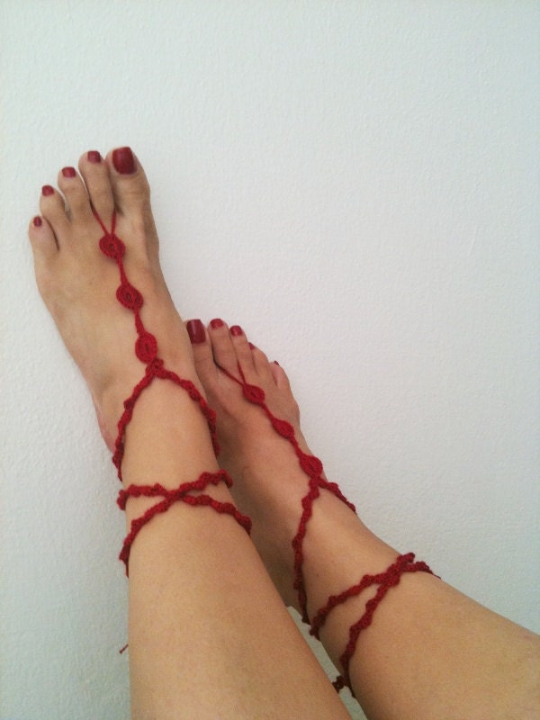 Red   Barefoot Sandals, Nude shoes, Foot jewelry, Wedding, Victorian Lace, Sexy, Lolita, Yoga, Anklet