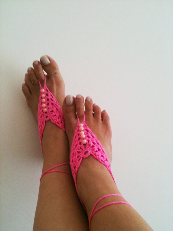 Pink  crochet with white beads  Barefoot Sandals, Nude shoes, Foot jewelry, Wedding, Victorian Lace, Sexy, Lolita, Yoga, Anklet