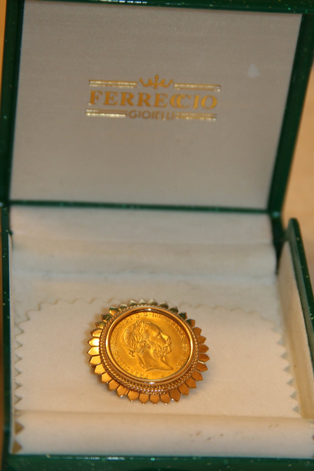 Austrian 4 Florins 10 Francs Gold Coin set in handcrafted 18K Solid Gold Brooch