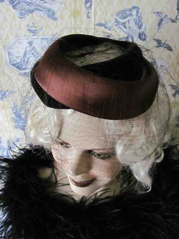 Designer Vintage 1950s Hat Rich Brown Velvet with Netting