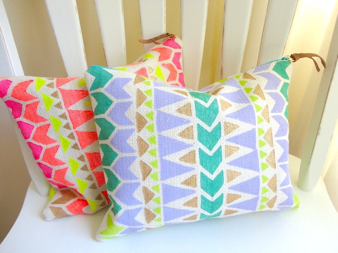 TRIBAL POUCH hand painted clutch handbag with leather- NEON pink