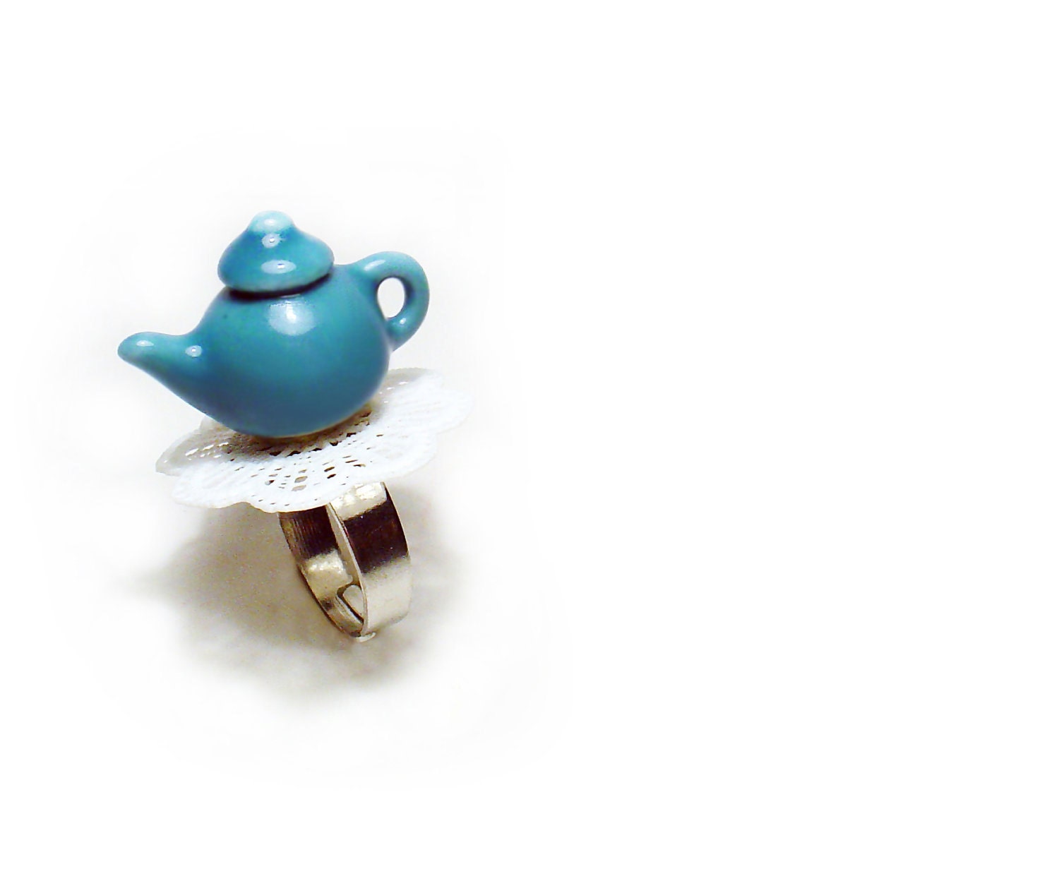 Blue Marine Teapot on Doily Ring Dollhouse Miniature Jewelry, Miniature Food Jewelry, Miniatrue Food Ring