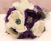 Custom Order: Fabric flower Wedding Bouquet, with rhinestone  brooches and peacock feathers - Sample  - SOLD