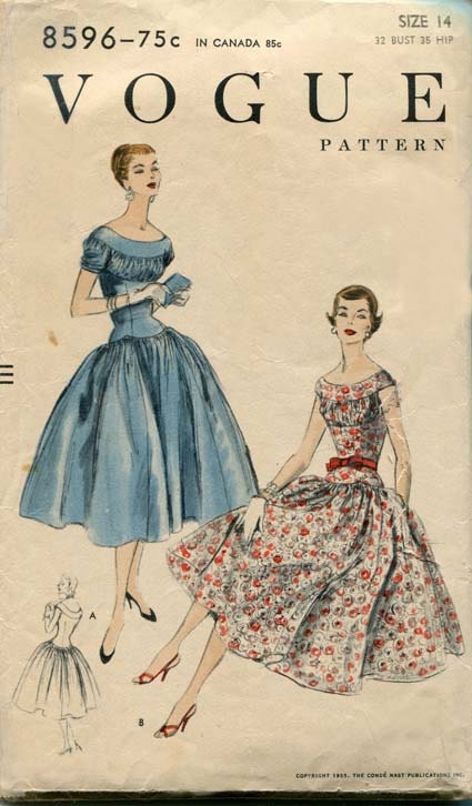 Vintage 1950s Dress Patterm  Vogue 8596 Cocktail Dress with Glamorous Elongated Bodice Very Full Bouffant Skirt
