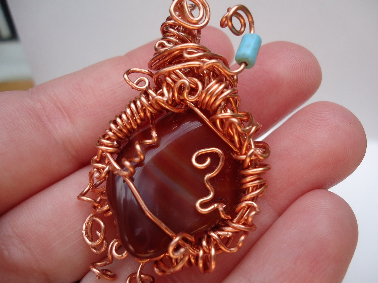 Curly Carnelian Copper And Turquoise Pendant