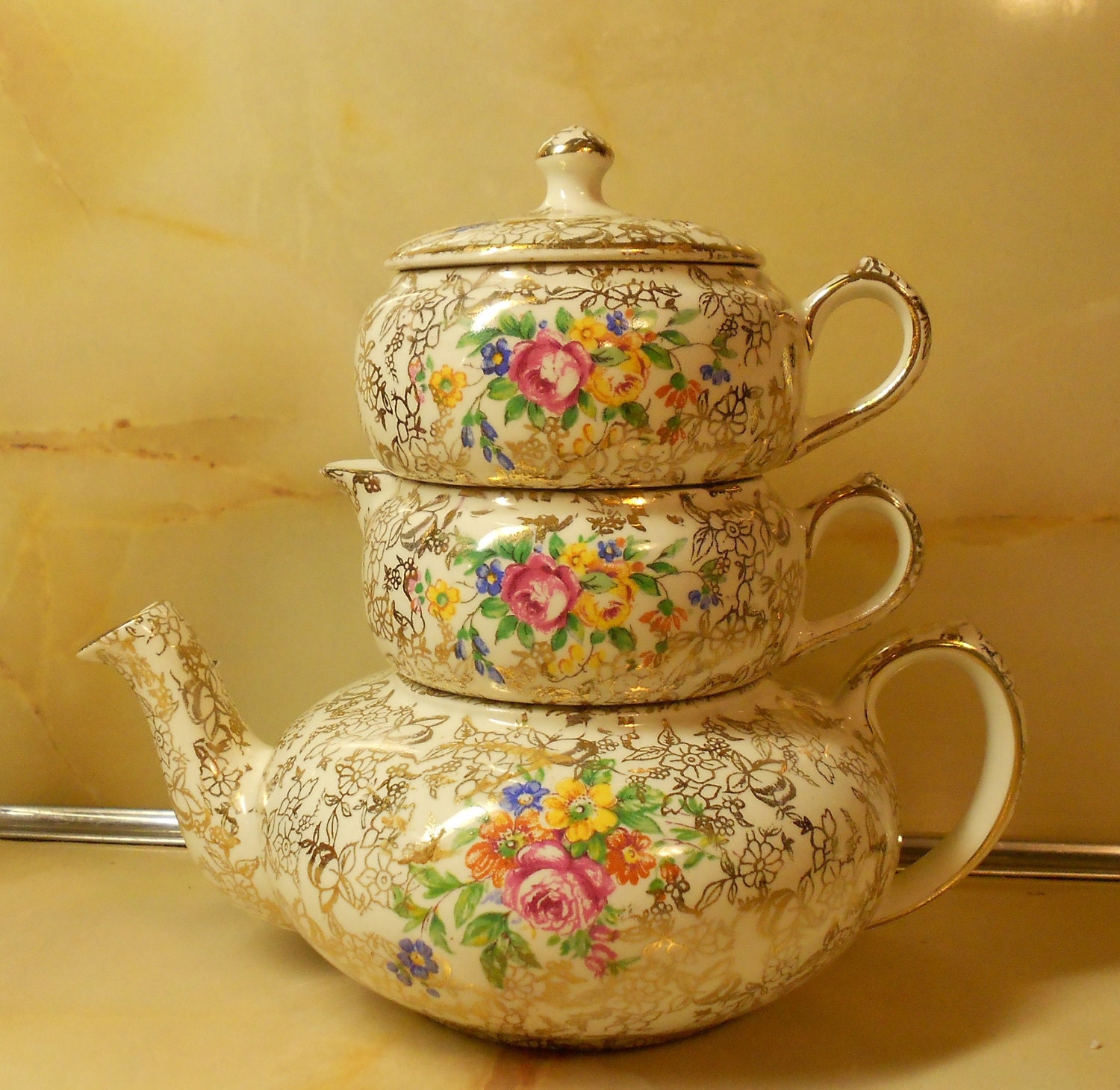 Tea Pot, Lid, Creamer & Sugar Bowl - Lord Nelson Ware - Four Stackable Pieces - Made in England - Gold Chintz - Floral - BreezyJunction