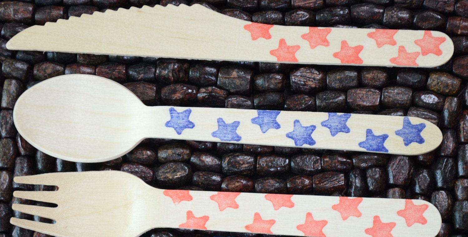 Patriotic Wooden Cutlery (biodegradable and compostable) Summer Picnics / 4th of July/Labor Day / Memorial Day / USA
