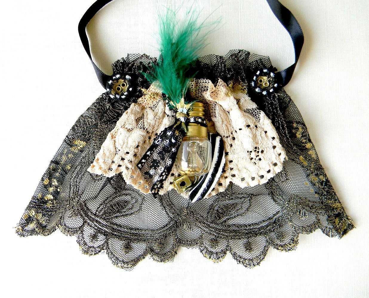 Victorian jabot, necktie,green black, ruffle, upcycle jabot, vintage, spring fashion, feather, romantic steampunk , nude lace, one of a kind - Elyseeart