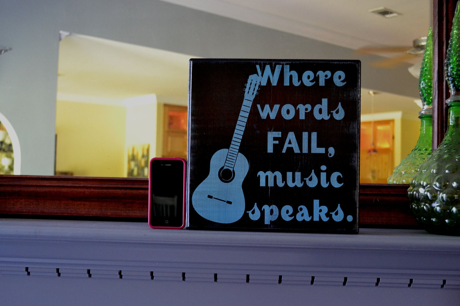 Where words fail music speaks, guitar, custom wood sign, home decor