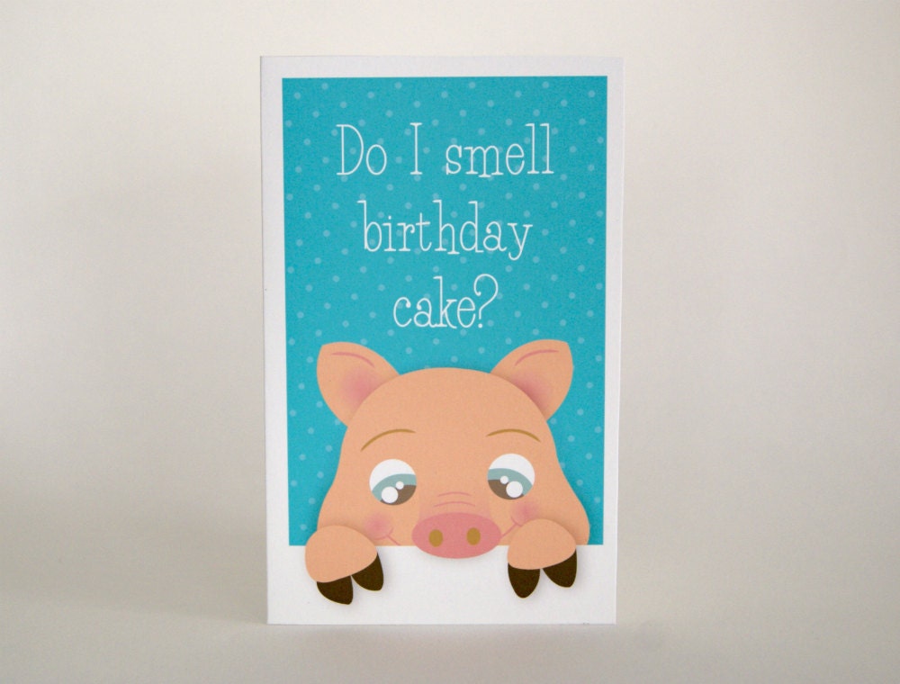 Piggy birthday card - 3.5 x 5.5in -  blank - birthday cake - turquoise - pink envelope