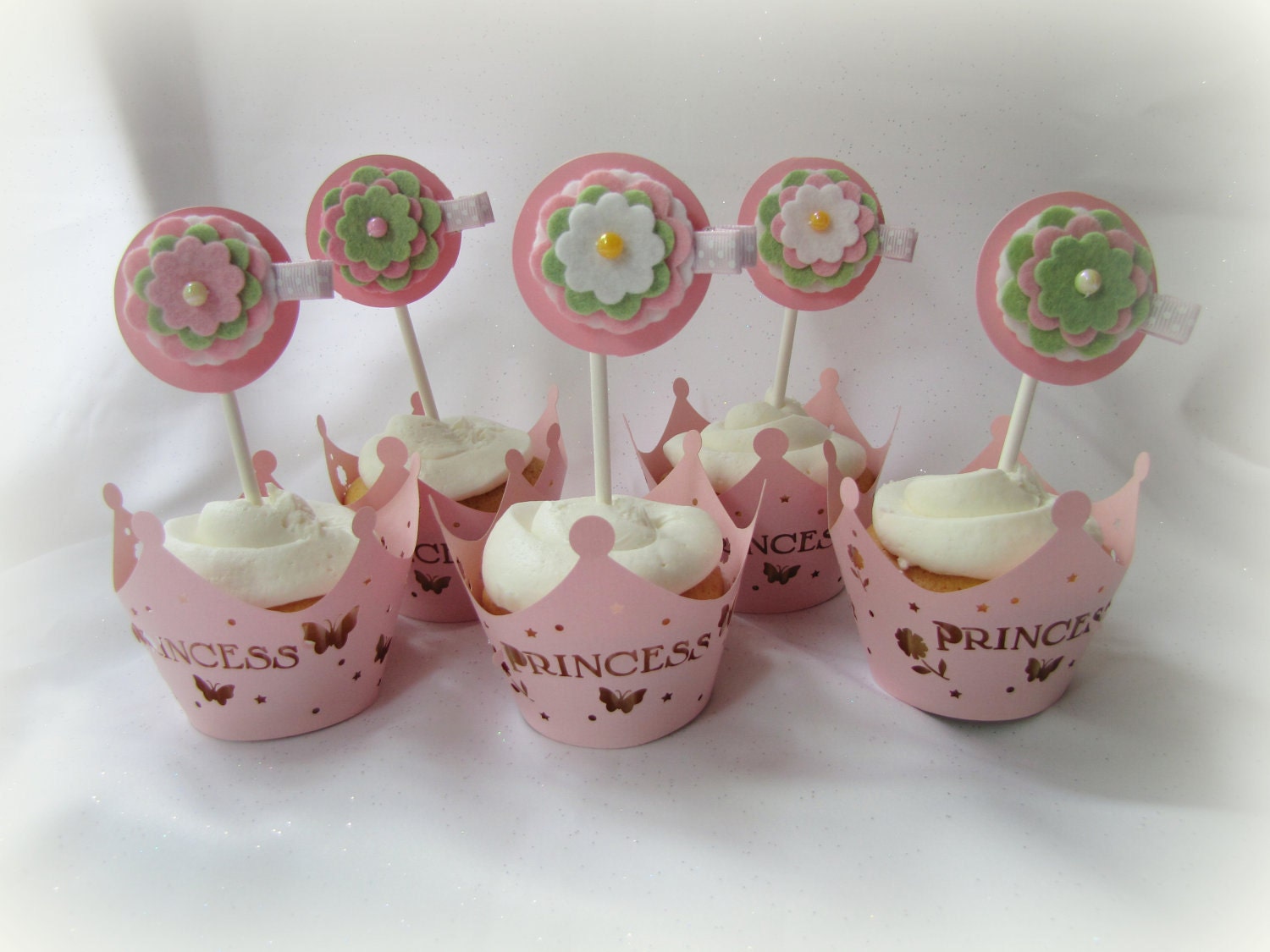 Cupcake Topper and Wrappers Set - Party Favors - Girls Light Pink Princess Birthday Party - Flower Blossom Hair Clip