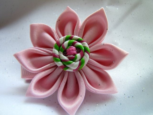Pink Kanzashi Flower - Pink and Apple Green Pink Swirl Button Whimsical Kanzashi Blossom Flower