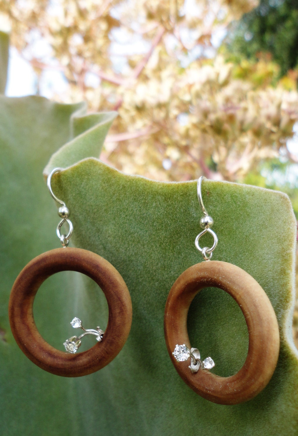 Ring Flowers Wood & Silver Hoop Earrings