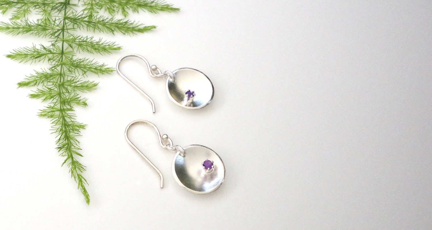 Handmade Recycled Silver Amethyst Moon Earrings, Sterling Silver Amethyst Earrings, Summer Jewelry