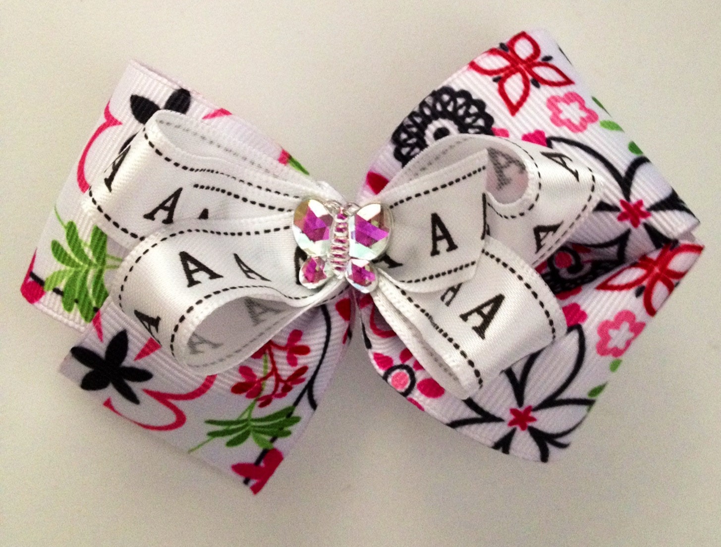 Monogammed Boutique Bow- Hot Pink, Lime and Black Floral Ribbon with Monogrammed Ribbon Embellishment & Faux Crystal Butterfly Center Bling