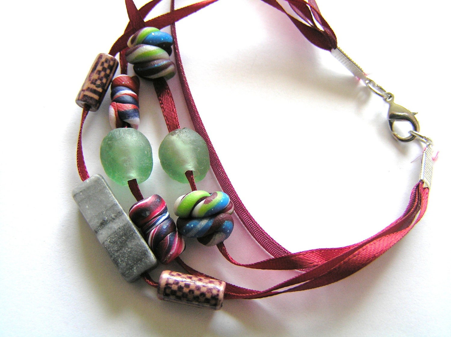 Maroon Ribbon, Polymer Clay, Marble, and Green Recycled Glass Beaded Bracelet