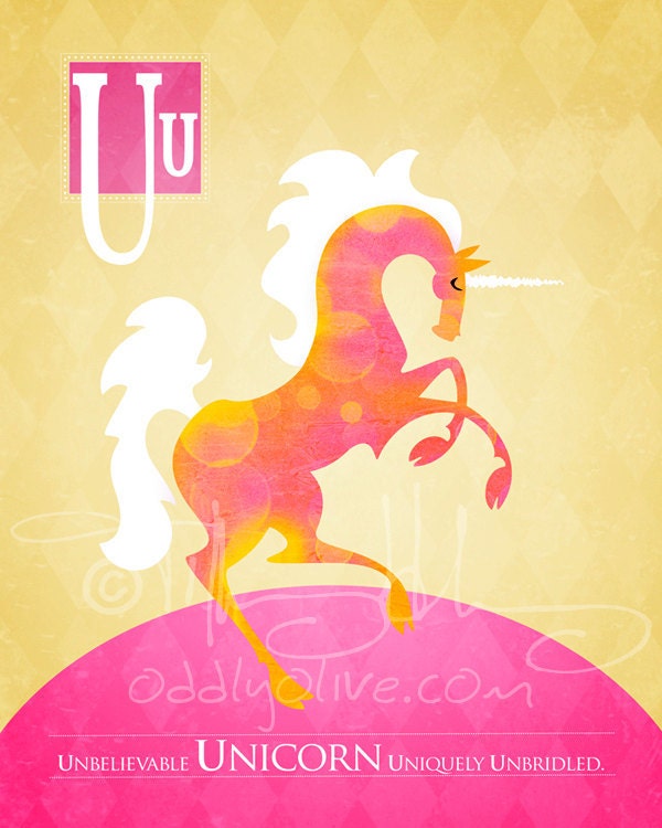 U is for Unicorn - Nursery Animal Alphabet Art by Oddly Olive, Tiffany Holesovsky - 8" x 10"  Epson Paper Giclée Print