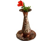 Earthy COPPER bud VASE & SAUCER tray vintage etched flowers, folk art, home decor. Handmade floral etching, Carved dandelion, tulip, daisy