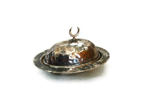 Mini bowl with dome lid. CRESCENT moon alem FINIAL, hammered copper Silvertone Pill, ring holder. Candy sugar serving, Handmade hand wrought