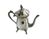 FOOTED ornate TEAPOT, German silver, kettle, silvertone metal, tea pot, Rustic Serving Houseware Shabby Finial lid long spout ornate handle
