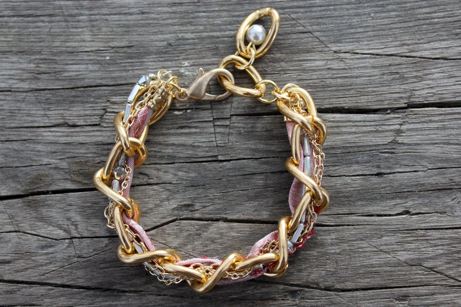 Pink Bridal Bracelet with Golden Chain and Silk, Wedding Bracelet, Bridesmaids Bracelet