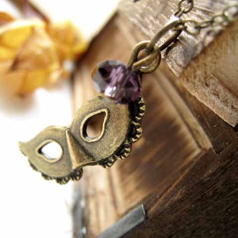 Sale (Limited Time) - Antique Brass Mystery Mask Pendant with Purple Faceted Bead Necklace