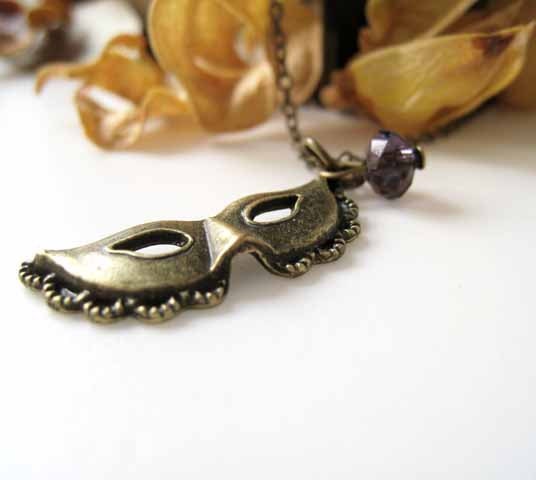 Sale (Limited Time) - Antique Brass Mystery Mask Pendant with Purple Faceted Bead Necklace